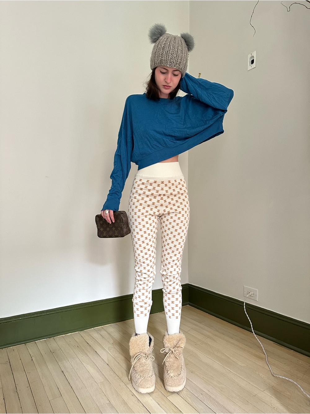 Hermes Cream Patterned High-Waist Knit Leggings